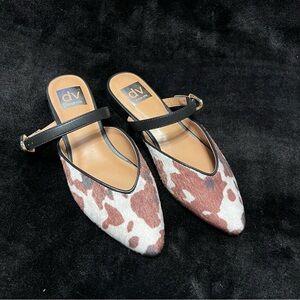 Dolce Vita Brown and White Cow Print Mules with Black Strap